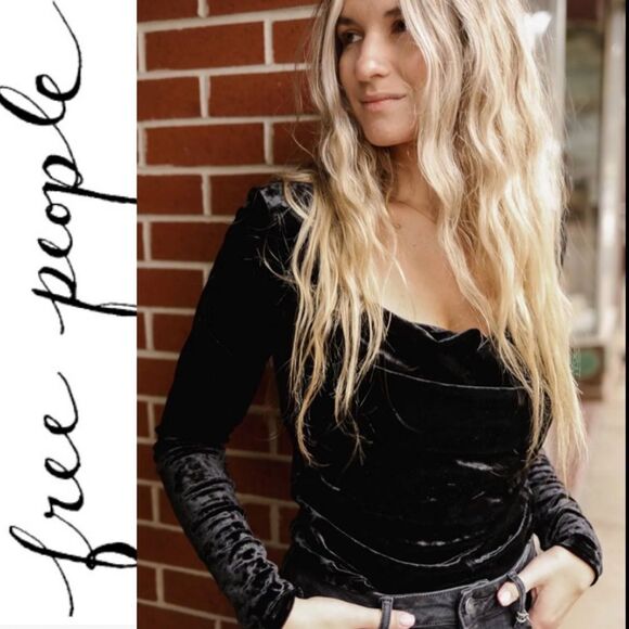 Free People Black Perfect Date Cowlneck Velvet Long Sleeve Top. Size small - Picture 2 of 2